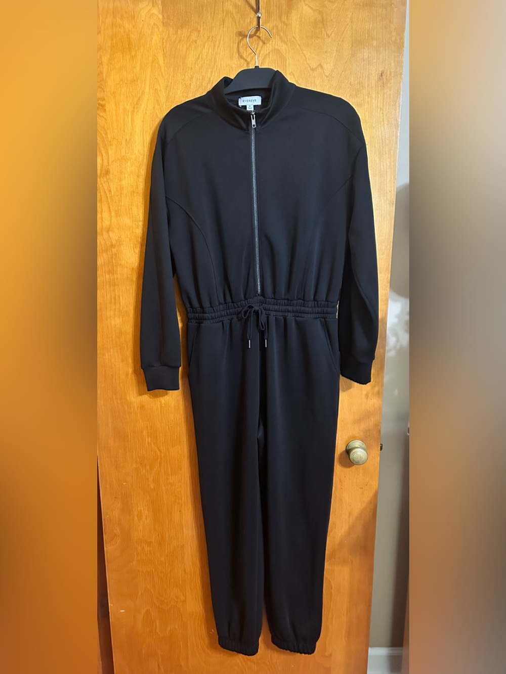 Evereve Black Zip-Front One-Piece Jumpsuit with Drawstring Waist